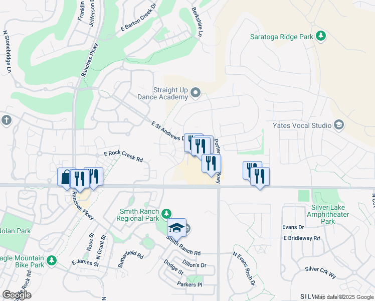map of restaurants, bars, coffee shops, grocery stores, and more near Peaks Way in Eagle Mountain