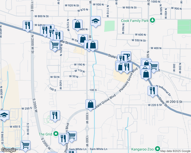 map of restaurants, bars, coffee shops, grocery stores, and more near 84 North Spencer Road in Pleasant Grove