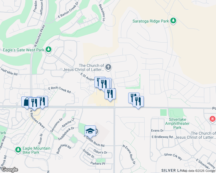map of restaurants, bars, coffee shops, grocery stores, and more near 8198 North Boulder Lane in Eagle Mountain