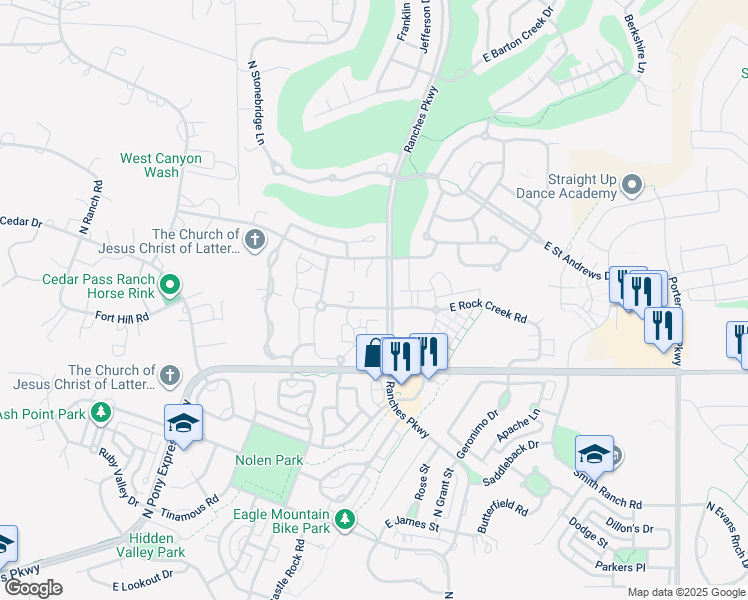 map of restaurants, bars, coffee shops, grocery stores, and more near 3543 Ranches Parkway in Eagle Mountain