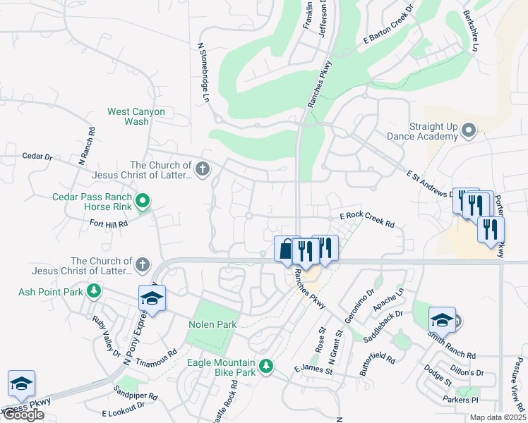 map of restaurants, bars, coffee shops, grocery stores, and more near 8204 North Cedar Springs Road in Eagle Mountain