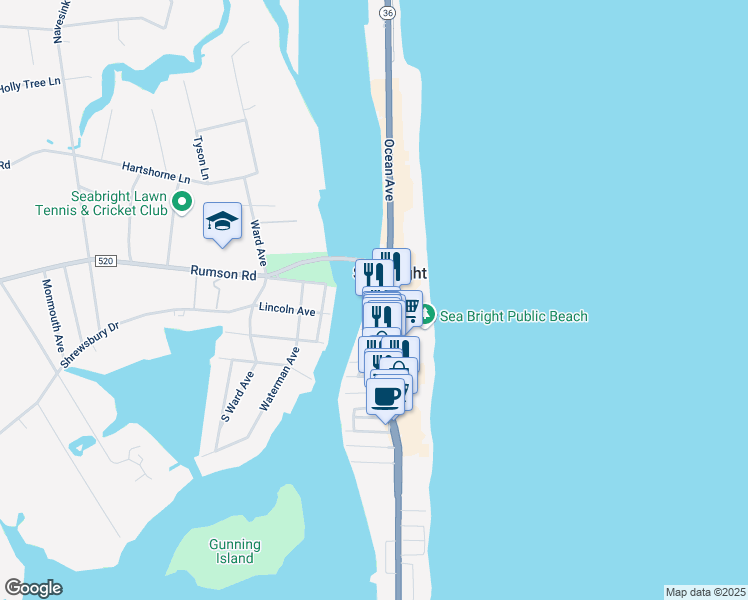 map of restaurants, bars, coffee shops, grocery stores, and more near 1008 Ocean Avenue in Sea Bright