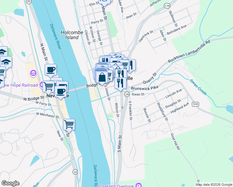 map of restaurants, bars, coffee shops, grocery stores, and more near 25 South Main Street in Lambertville