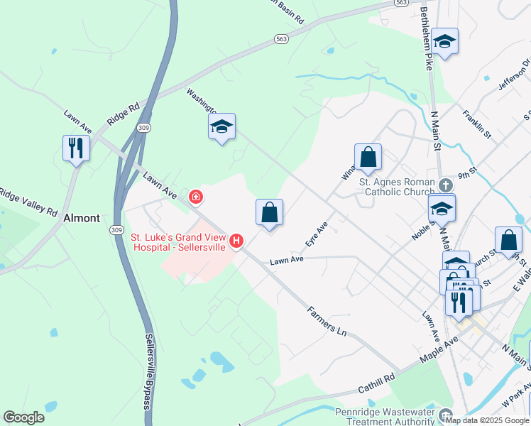 map of restaurants, bars, coffee shops, grocery stores, and more near 698G Washington Avenue in Sellersville