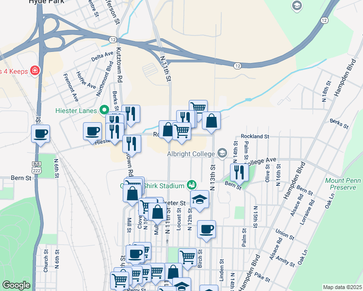 map of restaurants, bars, coffee shops, grocery stores, and more near 1130 Rockland Street in Reading