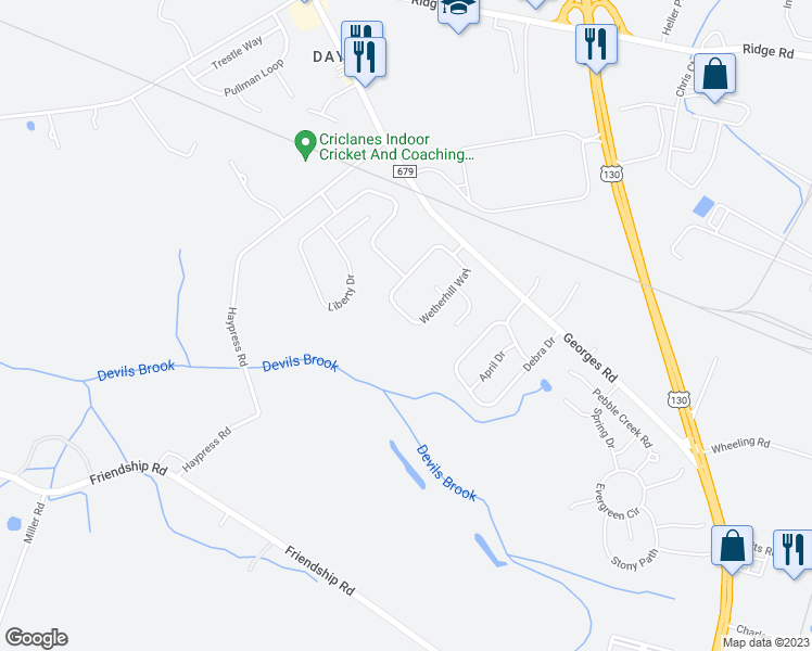 map of restaurants, bars, coffee shops, grocery stores, and more near 32 Wetherhill Way in South Brunswick Township