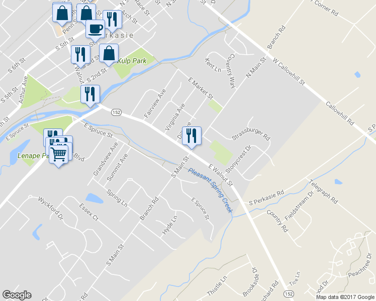 map of restaurants, bars, coffee shops, grocery stores, and more near 455 East Walnut Street in Perkasie