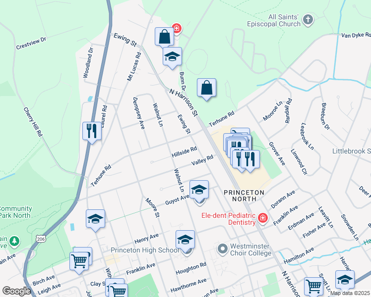 map of restaurants, bars, coffee shops, grocery stores, and more near 28 Hillside Road in Princeton