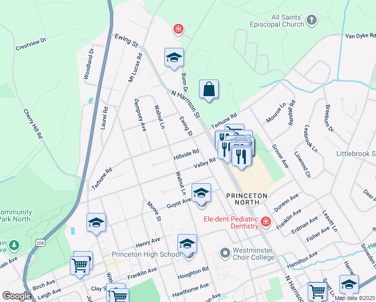 map of restaurants, bars, coffee shops, grocery stores, and more near 28 Hillside Road in Princeton