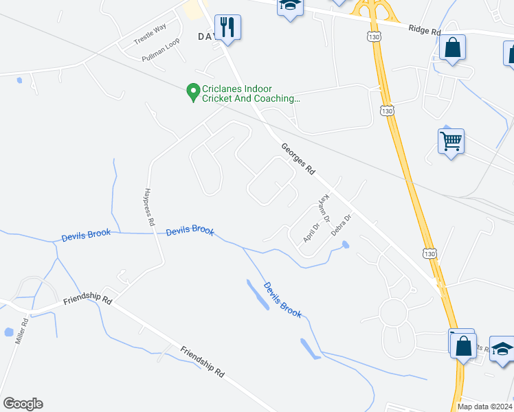 map of restaurants, bars, coffee shops, grocery stores, and more near 32 Wetherhill Way in South Brunswick Township