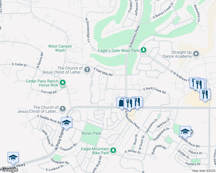 map of restaurants, bars, coffee shops, grocery stores, and more near 3371 East Ridge Route Road in Eagle Mountain