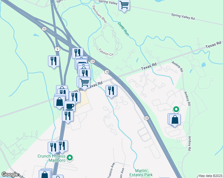 map of restaurants, bars, coffee shops, grocery stores, and more near 661 Snowdrop Court in Marlboro Township