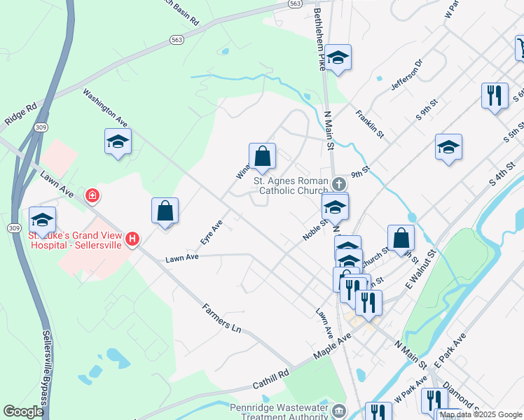 map of restaurants, bars, coffee shops, grocery stores, and more near 18 Kittery Court in Sellersville