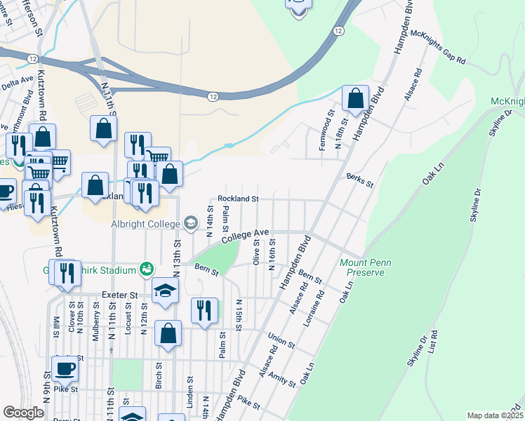 map of restaurants, bars, coffee shops, grocery stores, and more near 1931 Olive Street in Reading