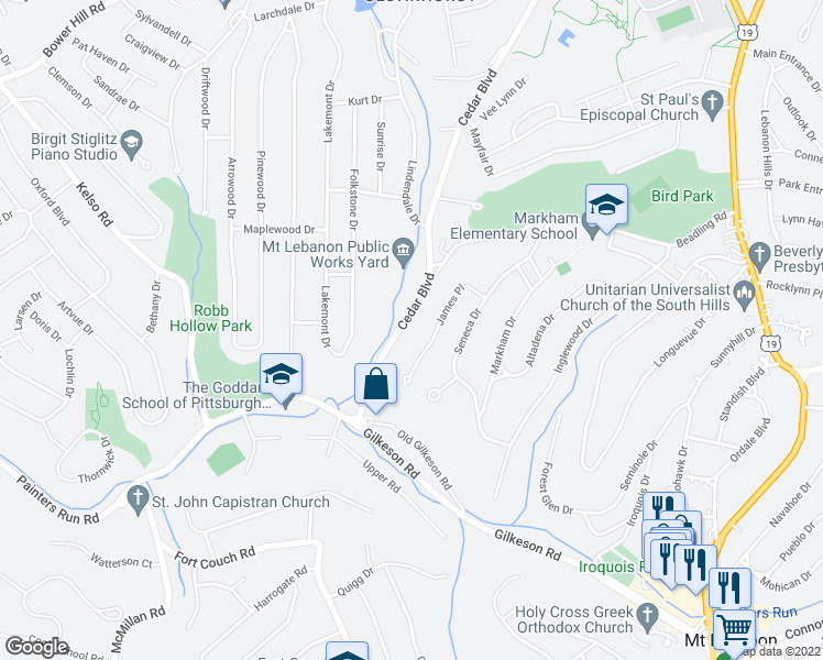 map of restaurants, bars, coffee shops, grocery stores, and more near 1273 Cedar Blvd in Mount Lebanon