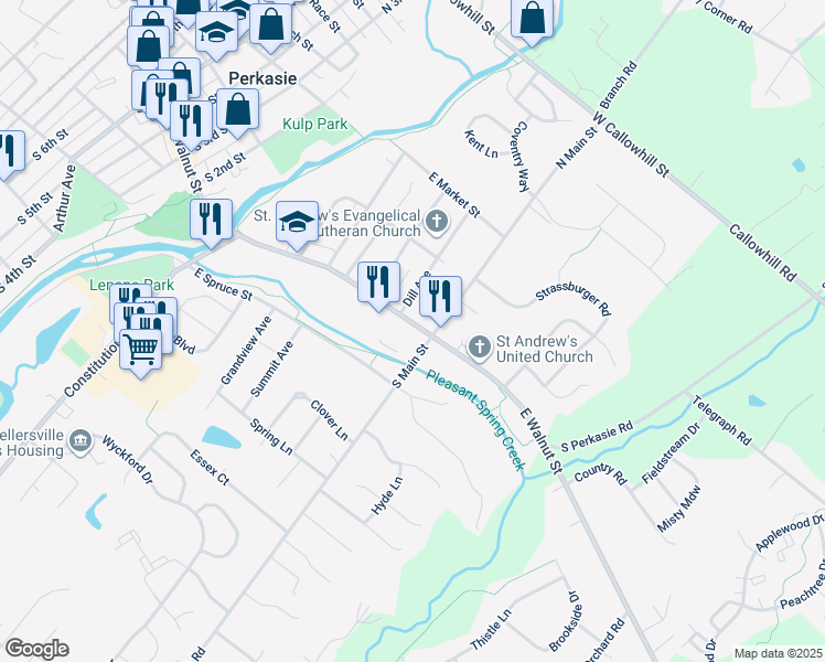 map of restaurants, bars, coffee shops, grocery stores, and more near 436 East Walnut Street in Perkasie