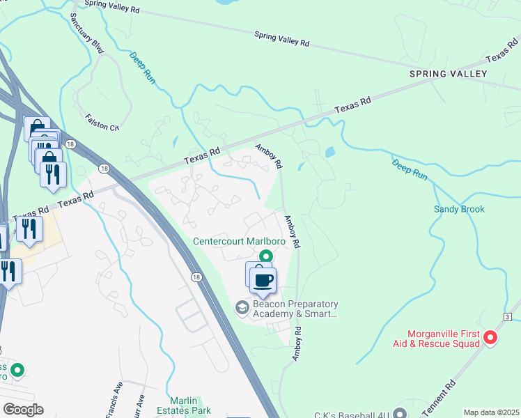 map of restaurants, bars, coffee shops, grocery stores, and more near 208 Hidden Lake Drive in Marlboro Township
