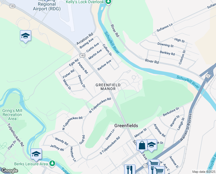 map of restaurants, bars, coffee shops, grocery stores, and more near in Greenfields