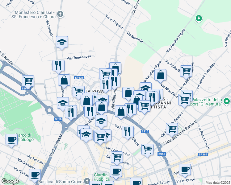 map of restaurants, bars, coffee shops, grocery stores, and more near 39 Via Giammatteo in Lecce