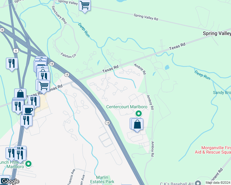 map of restaurants, bars, coffee shops, grocery stores, and more near 399 Stratford Place in Marlboro Township