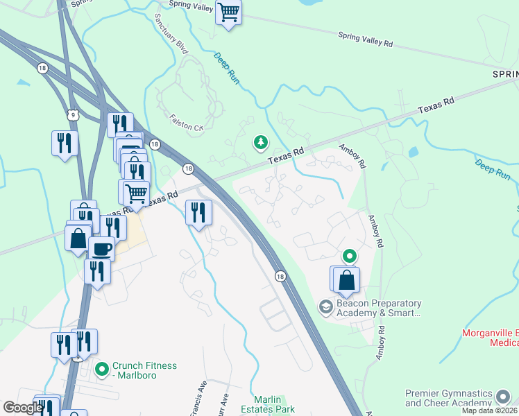 map of restaurants, bars, coffee shops, grocery stores, and more near 443 Hancock Place in Marlboro