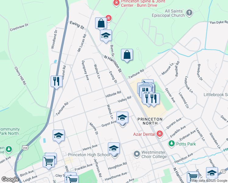 map of restaurants, bars, coffee shops, grocery stores, and more near 223 Terhune Road in Princeton