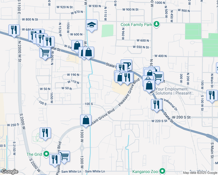map of restaurants, bars, coffee shops, grocery stores, and more near 1043 West 70 North in Pleasant Grove