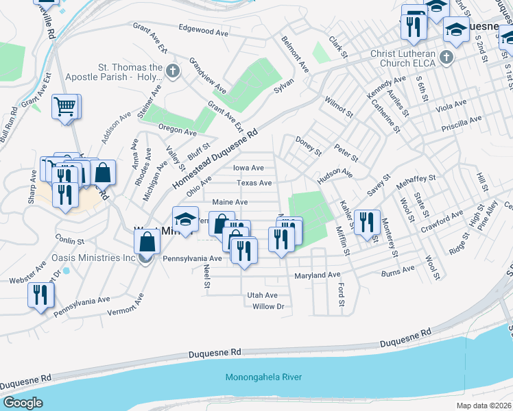 map of restaurants, bars, coffee shops, grocery stores, and more near 1710 Maine Avenue in West Mifflin