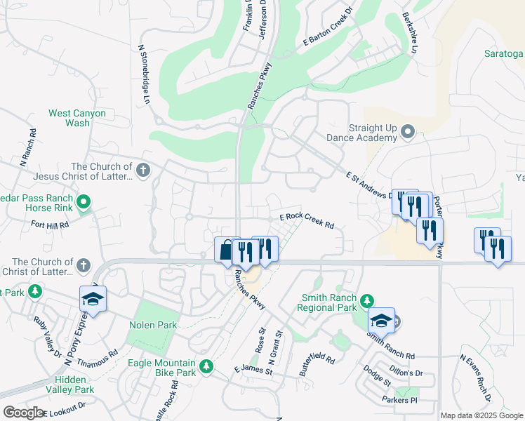 map of restaurants, bars, coffee shops, grocery stores, and more near 3579 Rock Creek Road in Eagle Mountain