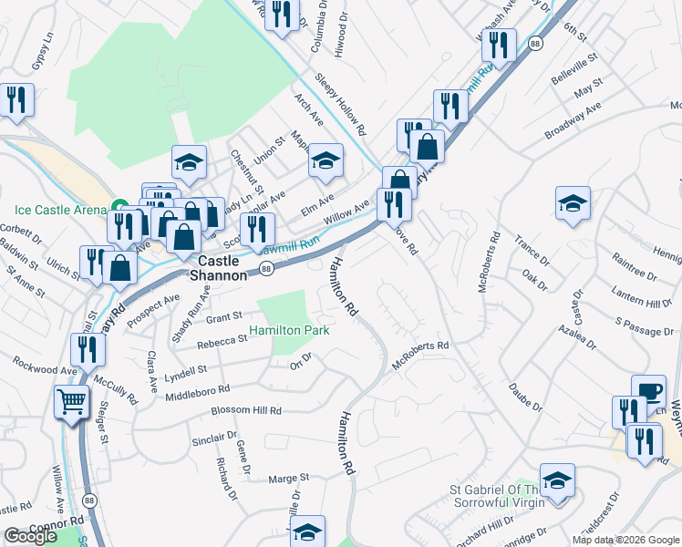 map of restaurants, bars, coffee shops, grocery stores, and more near 3554 Rosalia Avenue in Pittsburgh