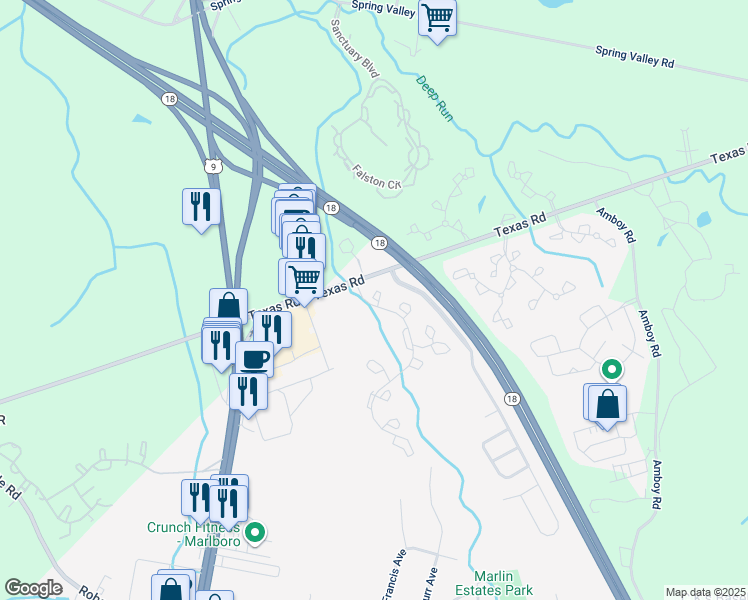 map of restaurants, bars, coffee shops, grocery stores, and more near 537 Windflower Court in Marlboro Township