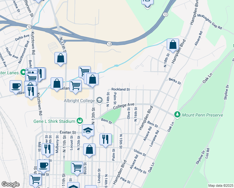 map of restaurants, bars, coffee shops, grocery stores, and more near 1945 Palm Street in Reading