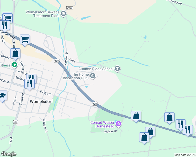 map of restaurants, bars, coffee shops, grocery stores, and more near 305 Dogwood Lane in Womelsdorf