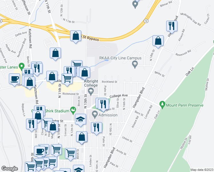 map of restaurants, bars, coffee shops, grocery stores, and more near 1945 Palm Street in Reading