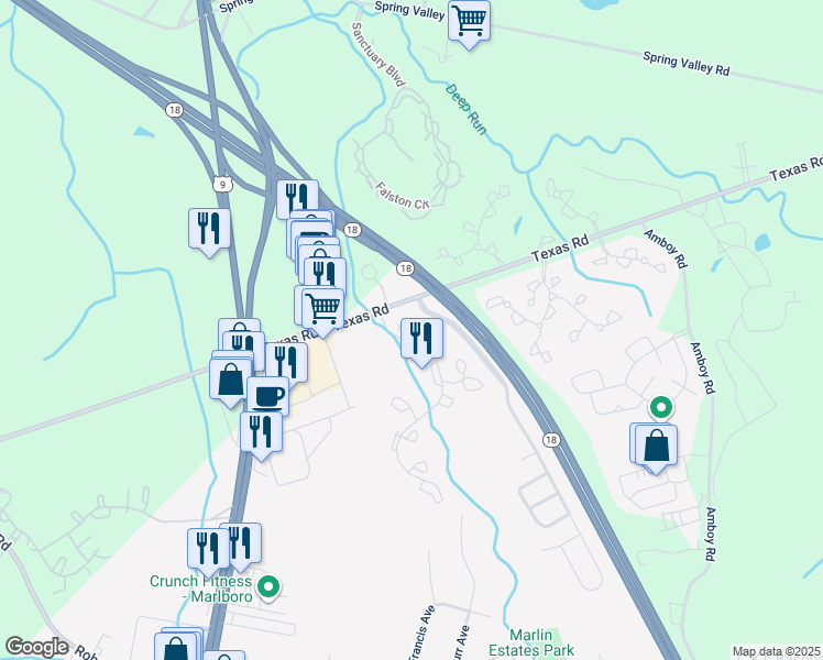map of restaurants, bars, coffee shops, grocery stores, and more near 645 Windflower Court in Marlboro Township