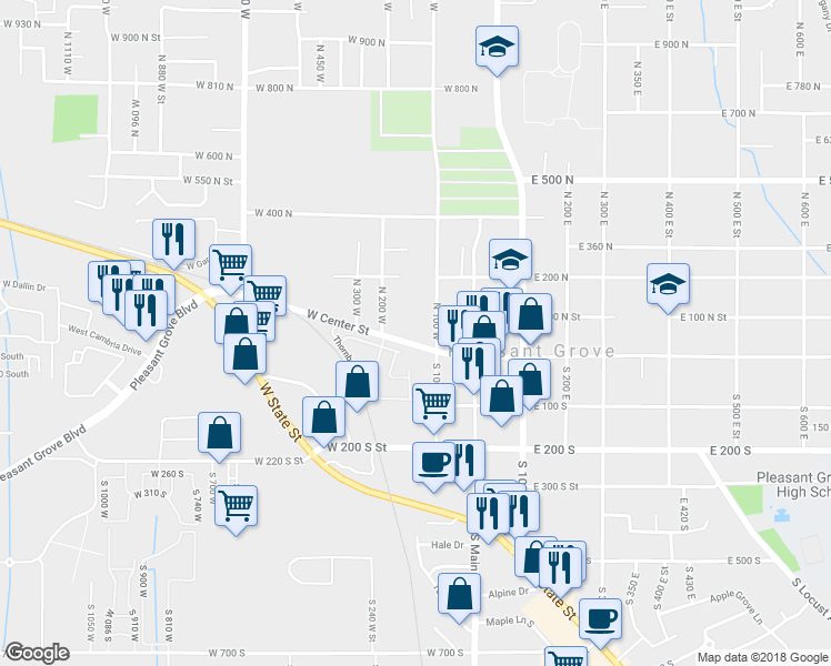 map of restaurants, bars, coffee shops, grocery stores, and more near 154 West Center Street in Pleasant Grove