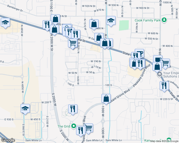 map of restaurants, bars, coffee shops, grocery stores, and more near 1512 West 50 North in Pleasant Grove