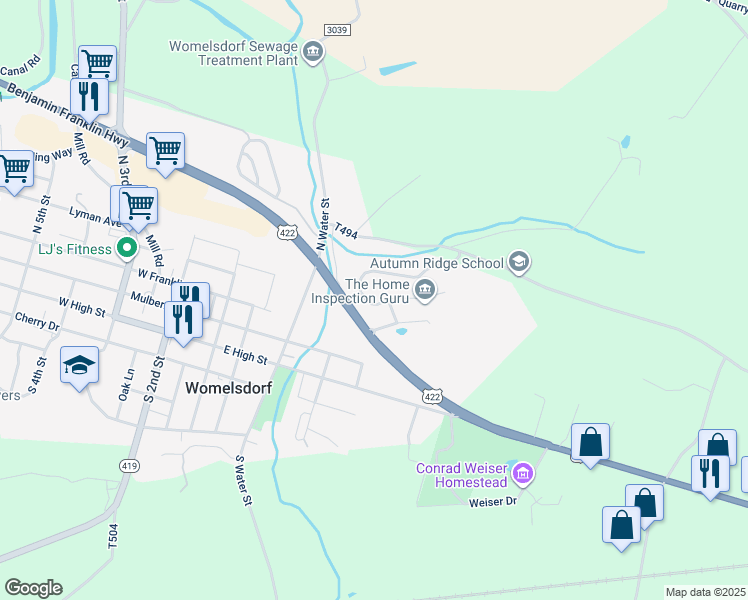 map of restaurants, bars, coffee shops, grocery stores, and more near 327 Dogwood Lane in Womelsdorf