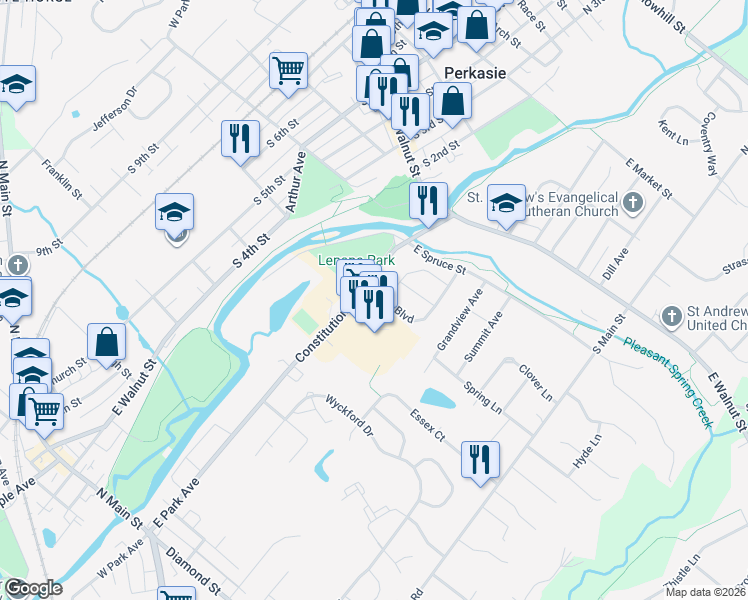 map of restaurants, bars, coffee shops, grocery stores, and more near 501 Constitution Avenue in Perkasie