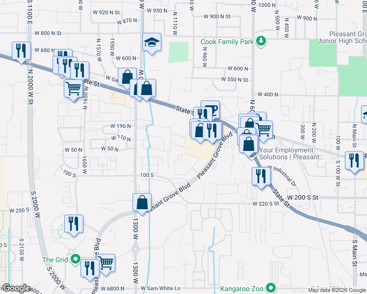 map of restaurants, bars, coffee shops, grocery stores, and more near West Cambria Drive in Pleasant Grove