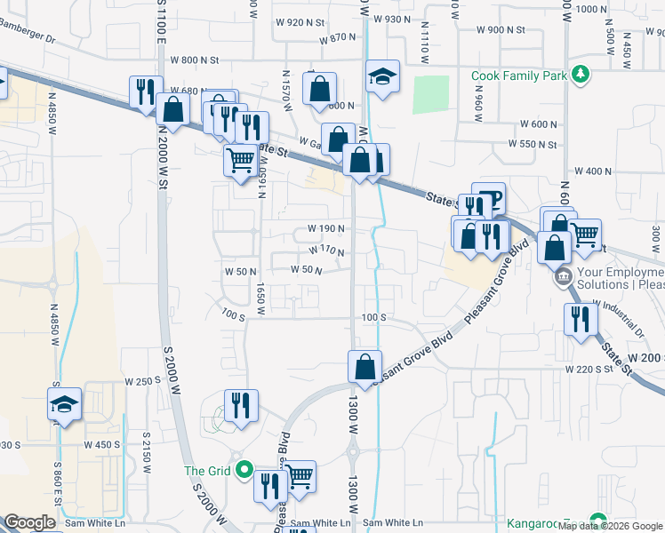 map of restaurants, bars, coffee shops, grocery stores, and more near 1408 West 50 North in Pleasant Grove