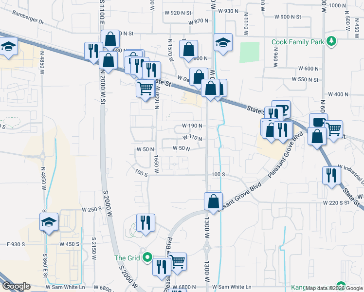 map of restaurants, bars, coffee shops, grocery stores, and more near 1493 West 110 North in Pleasant Grove