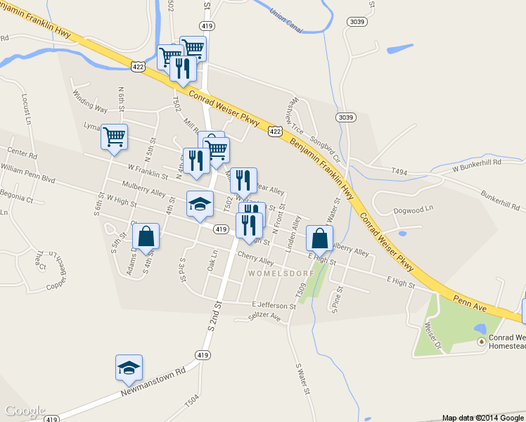 map of restaurants, bars, coffee shops, grocery stores, and more near 126 West Franklin Street in Womelsdorf