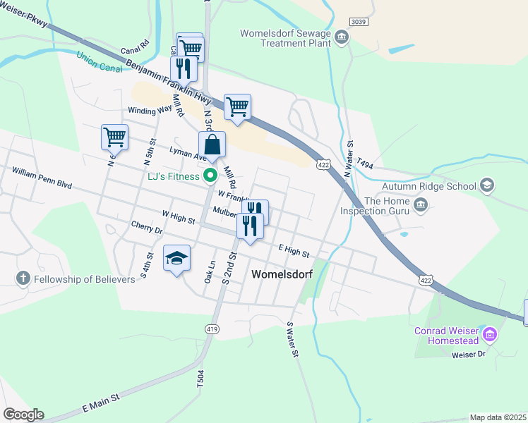 map of restaurants, bars, coffee shops, grocery stores, and more near 126 West Franklin Street in Womelsdorf