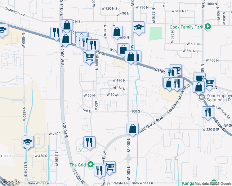 map of restaurants, bars, coffee shops, grocery stores, and more near 1470 West 50 North in Pleasant Grove