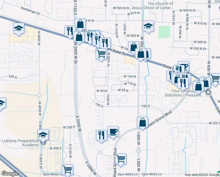 map of restaurants, bars, coffee shops, grocery stores, and more near 71 North 1620 West in Pleasant Grove