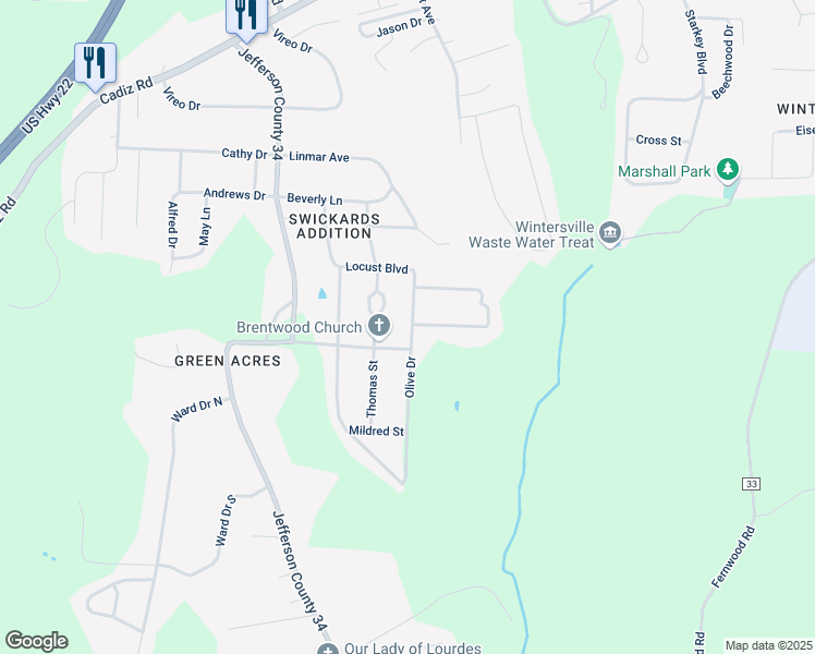 map of restaurants, bars, coffee shops, grocery stores, and more near 227 Olive Drive in Steubenville