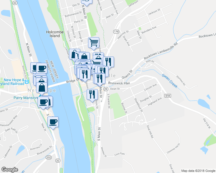 map of restaurants, bars, coffee shops, grocery stores, and more near 17 South Franklin Street in Lambertville