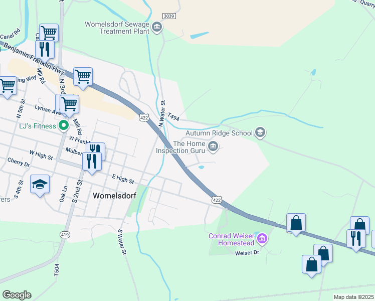 map of restaurants, bars, coffee shops, grocery stores, and more near 327 Dogwood Lane in Womelsdorf