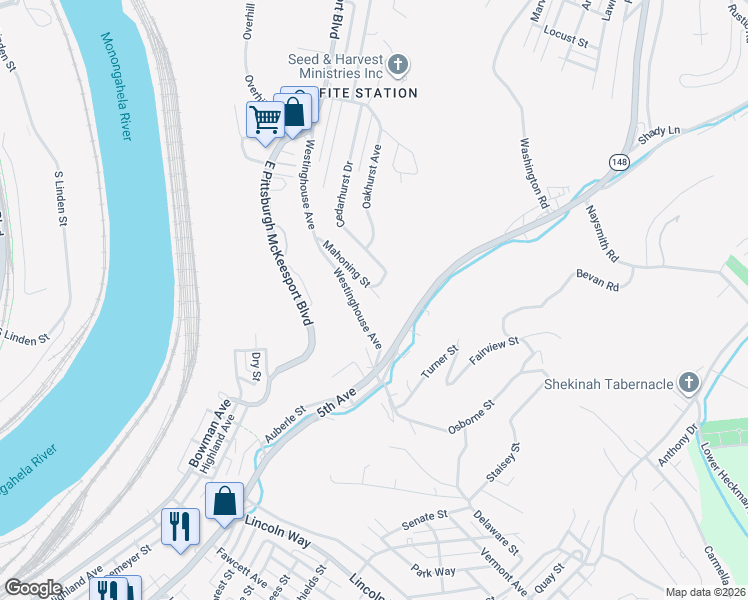map of restaurants, bars, coffee shops, grocery stores, and more near 301 Sell Street in North Versailles